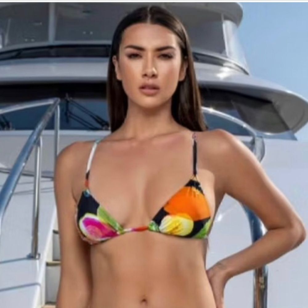 Christian Lacroix Swiminista triangle style bikini top that is fully adjustable.